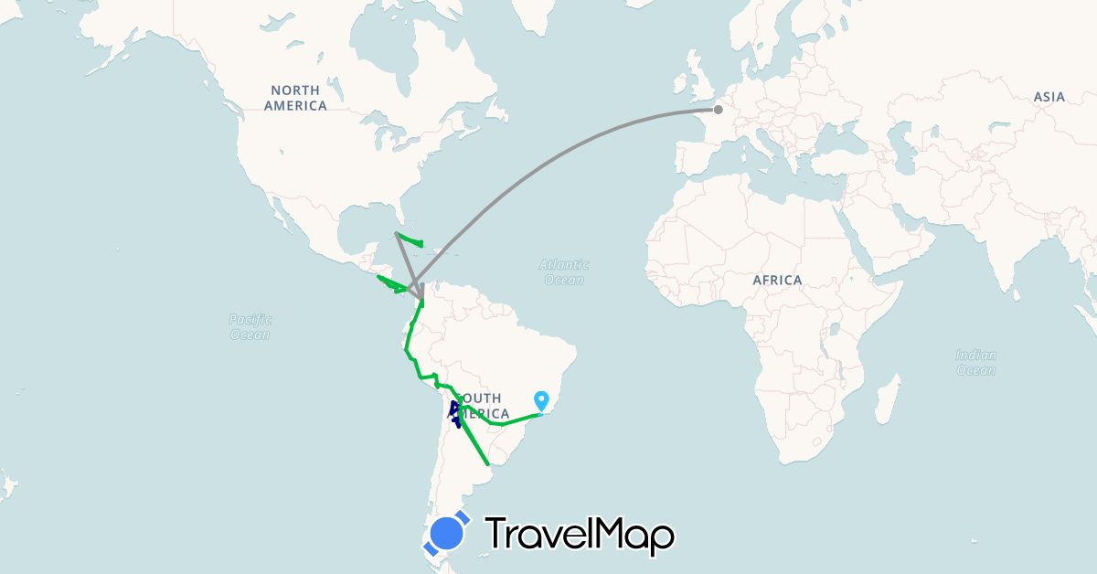 TravelMap itinerary: driving, bus, plane, hiking, boat in Argentina, Bolivia, Brazil, Colombia, Costa Rica, Cuba, Ecuador, France, Nicaragua, Panama, Peru, Paraguay (Europe, North America, South America)
